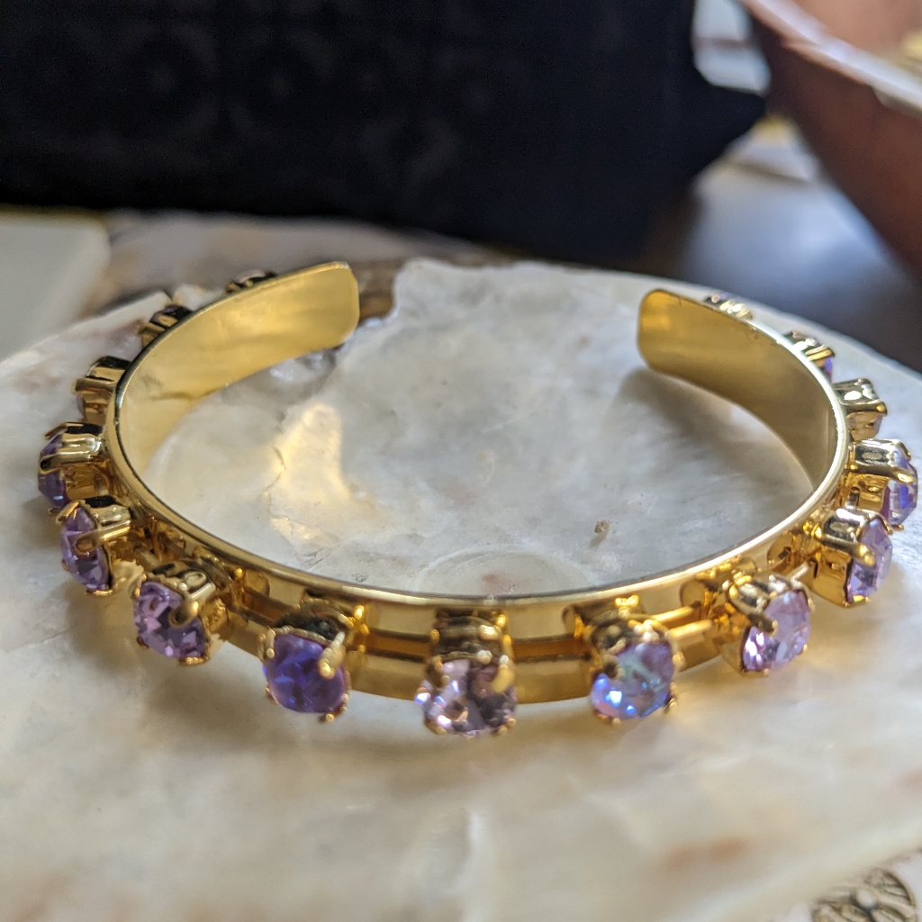 Purple Lavender Amethyst Swarovski Crystals In 14k Gold Plated Bracelet Cuff